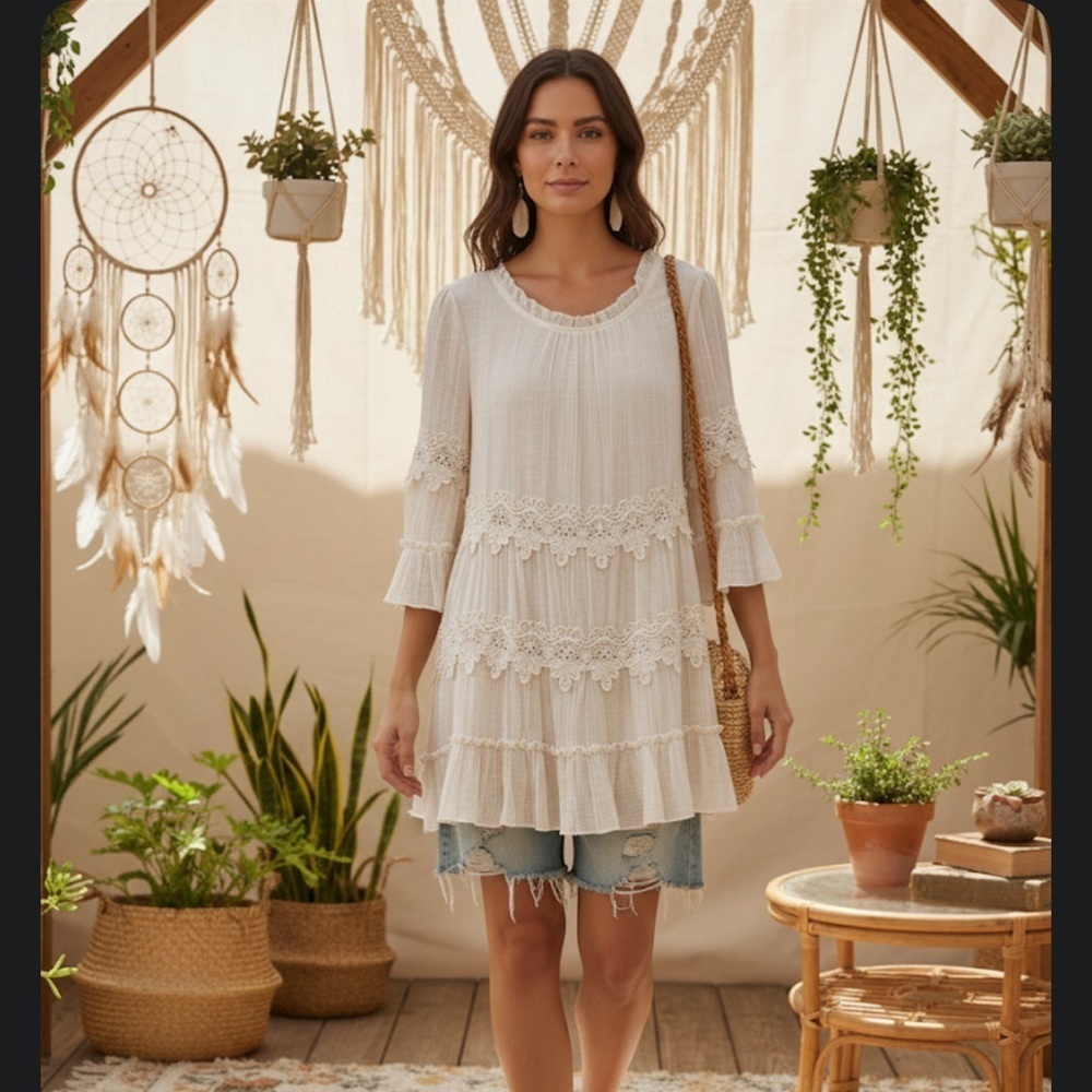 Indigo Soul Boho Crochet Tiered Tunic Top Cream Medium Gauze Bell Sleeve